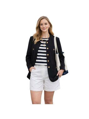 Kasper Blazer Gold Buttons Nautical Career Suit Jacket Pockets Black Womens14